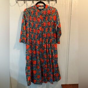 Vibrant Red and Blue Floral Long Sleeve Cotton Jar Dress